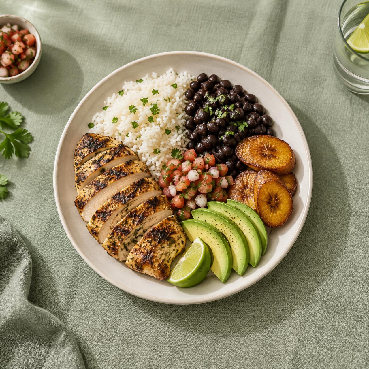 Plato con pollo, arroz, frijoles, aguacate y plátano maduro